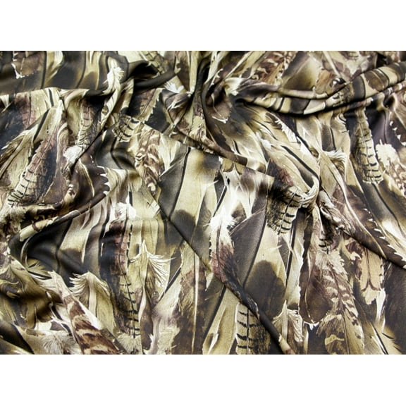 Dramatic Feather Print Royal Micro Satin Dress Fabric Golden Brown - per yard