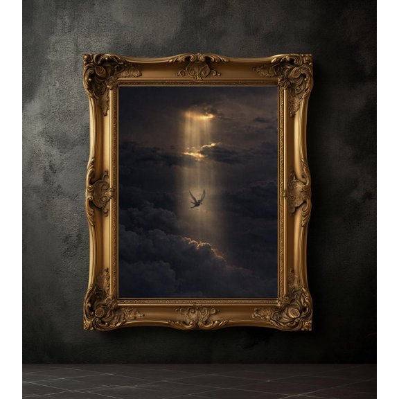 Dramatic Light Rays Falling Angel Celestial Cloud Scene Fine Art, Unframed Poster