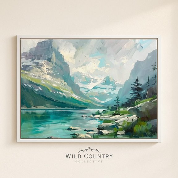 Dramatic Mountain Valley Vacation Rental Feature Wall Alpine Lake Retro Poster
