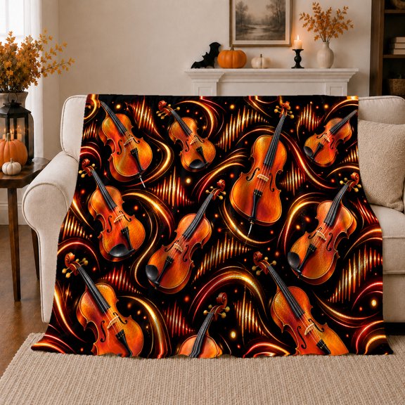 Dramatic Musical Violin Light Trails Amber Black, Peaceful Mountain Lake Scene, Warm Flannel Blanket for Cabin and Lodge, Outdoor Lovers Friendship Gift, Fantasy Home Decor