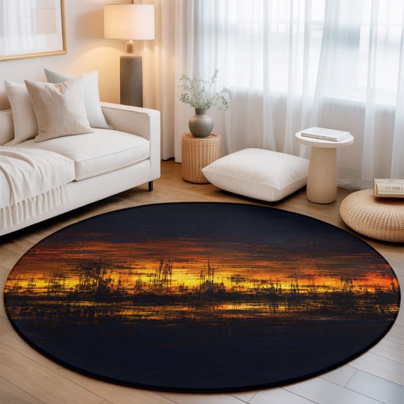 Dramatic Night 8' Round Rugs for Open Concept Living Room Seating Zone, Black Golden Fire Silhouette Rustic Midnight Sky Washable Non Slip Mats Large Circle Lounge Area Area Rug