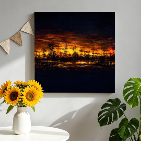Dramatic Night Canvas Wall Art, Black Golden Fire Silhouette Rustic Midnight Sky Framed Picture Canvas Wall Art Print Decor Artwork Decorations for Living Room Bedroom Ready to Hang 8" x 8"