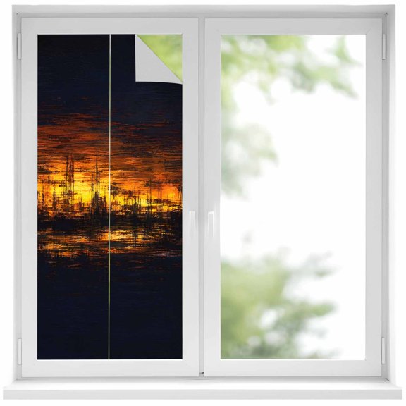 Dramatic Night Window Privacy Film 17.7x39.3in Black Golden Fire Silhouette Rustic Midnight Sky Decorative Window Film with Static Cling, UV Filtering Window Cling Privacy Film for Glass Doors