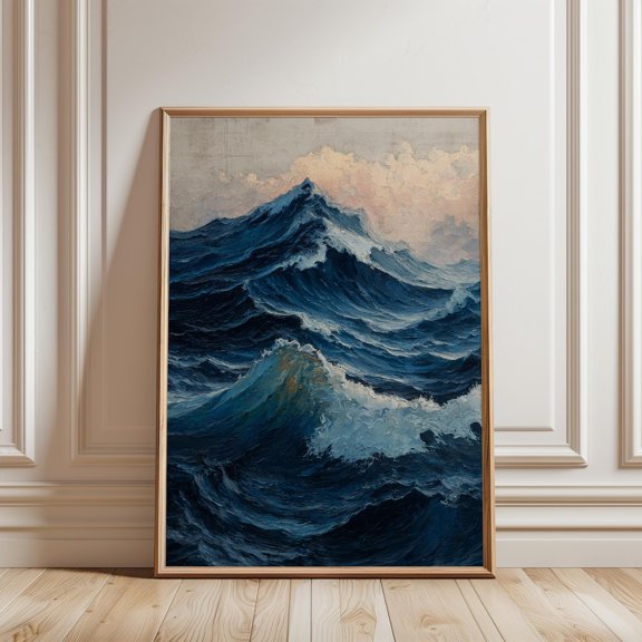Dramatic Ocean Waves Art Print Deep Blue Seascape Coastal Wall Decor, Unframed Paper Print