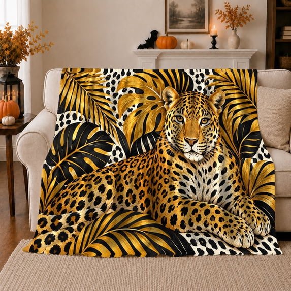 Dramatic Safari Leopard Jungle Wildlife, Dramatic Botanical Scene, Warm Flannel Blanket for Cabin and Lodge, Wildlife Lovers Housewarming Gift, Botanical Home Decor