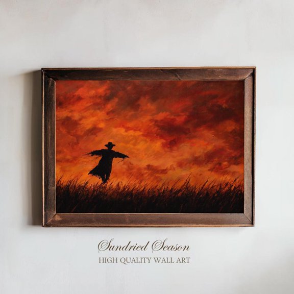 Dramatic Scarecrow Silhouette Fiery Sunset Sky Autumn Fields Rustic