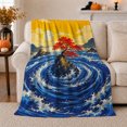 thumbnail image 1 of Dramatic Seascape Red Tree Rock Vibrant Blue Waves, Dramatic Bird Art Scene, Warm Flannel Blanket for Beach House and Living Room, Bird Lovers Housewarming Gift, Artistic Home Decor, 1 of 9