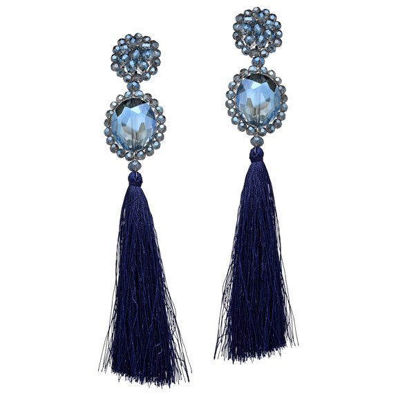 Dramatic Statement Blue Crystal & Tassel Dangling Earrings