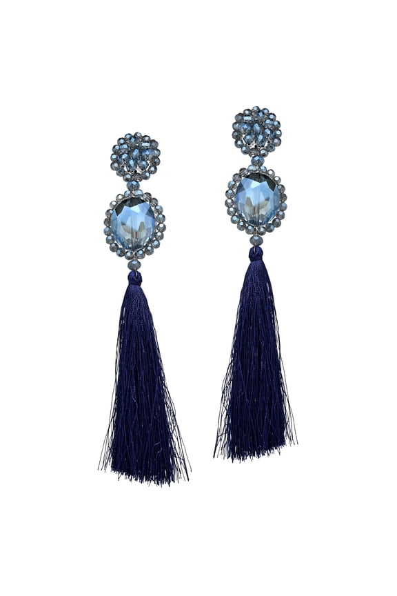 Dramatic Statement Blue Crystal & Tassel Dangling Earrings