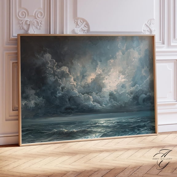 Dramatic Storm Clouds Seascape Art Poster: Moody Ocean Wall Decor, Unframed Poster Size 8x12