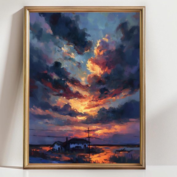 Dramatic Sunset Sky Moody Landscape Bold Living Room Decor Storm Cloud Print Dark Impressionist Nature Art
