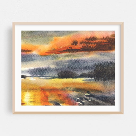 Dramatic Sunset Watercolor Beach Art by Irina Sztukowski - Painting Watercolor Sunset Abstract Landscape Nature Scenic Pastel Oak Framed Wall Art Print 11 x 14 inches
