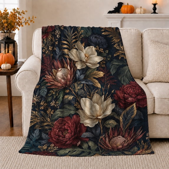 Dramatic Tropical Floral Pattern with Red Peonies, Magnolia Blooms, Protea and Gold Leaves, Warm Flannel Blanket, Home Decor for Women, Bedroom and Living Room, Anniversary Gift, Botanical Art