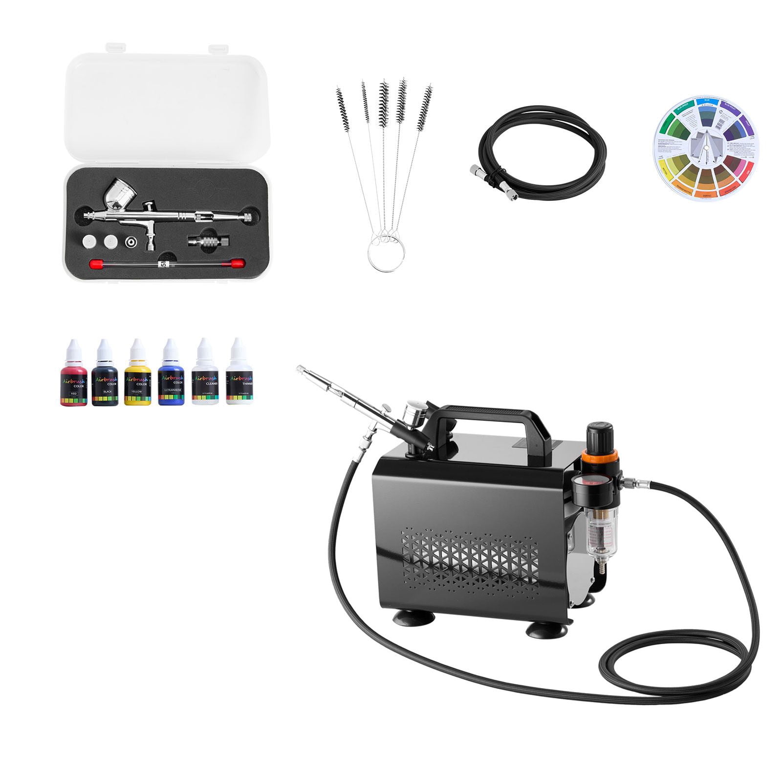 Dranite 1/6 HP Low Noise Air Compressor Kit with Dual-Action Airbrush, 3 Nozzles, Hose, Acrylic Paint & Brush for Cake Decorating, Model Painting, Nail Art