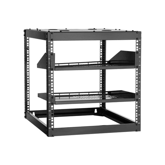 Dranite 10U Open Frame Server Rack, 4-Post Heavy Duty, 23-Inch Depth - Wall Mount & Floor Standing Network Rack with Vented Shelves & Hardware for IT/AV Equipment