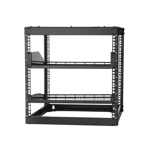 Dranite 10U Open Frame Server Rack, 4-Post Heavy Duty, 23-Inch Depth - Wall Mount & Floor Standing Network Rack with Vented Shelves & Hardware for IT/AV Equipment