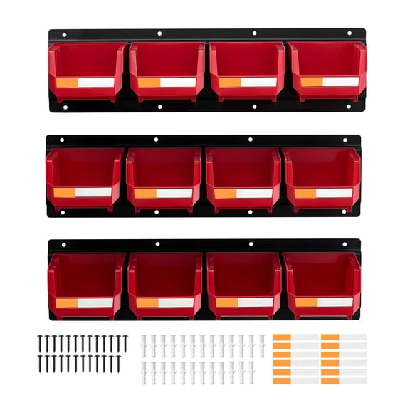 Dranite 12-Compartment Red Plastic Bins Stackable Design with 3 Wall Mount Rails for Nuts Bolts Screws Hardware
