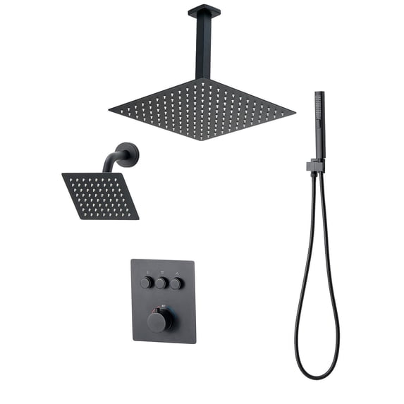 Dranite 12 Inch Thermostatic Ceiling Mount Rainfall Shower System with 6 Inch Wall Head and 2-in-1 Handheld Spray