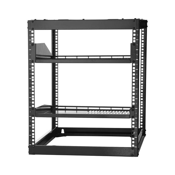 Dranite 12U Open Frame Server Rack, 4-Post Heavy Duty, 23 Inch Depth - Wall Mount & Floor Standing Network Rack with Vented Shelves & Hardware for IT/AV Equipment