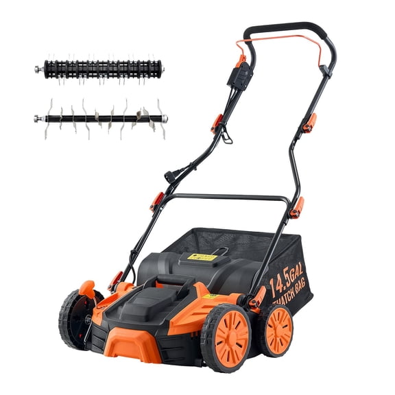 Dranite 15 Amp 2-in-1 Electric Dethatcher & Scarifier, 16-Inch Wide Includes 14.5-Gallon Thatch Bag & 5-Position Depth Control Walk-Behind Corded Machine for Lawns
