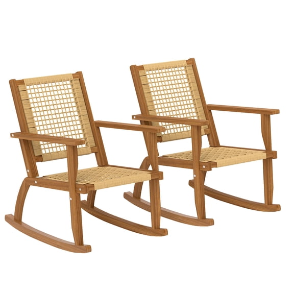 Dranite 2 Acacia Wood Rocking Chairs for Outdoor Patio, Wicker Back & Seat Lawn Rockers