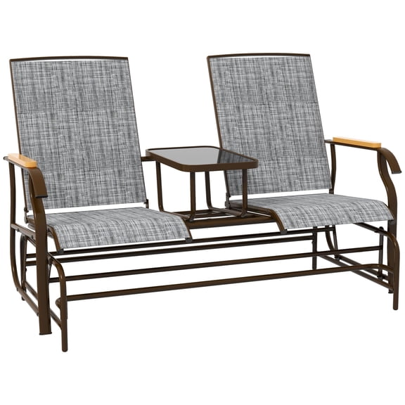 Dranite 2 Person Outdoor Mesh Glider Swing Loveseat with Table, Steel Frame Breathable Patio Rocking Chair