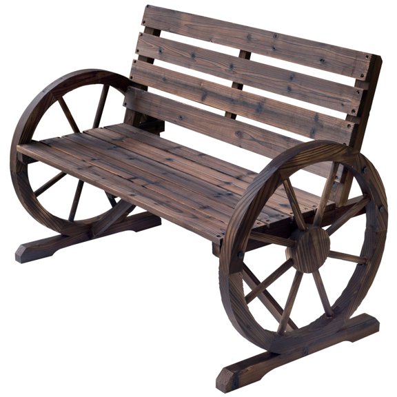 Dranite 2-Person Wagon Wheel Bench with Backrest for Outdoor Patio, Carbonized Finish