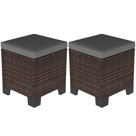 Dranite 2-Piece Gray Wicker Outdoor Ottomans with Cushions, Rattan Footrest/Side Table