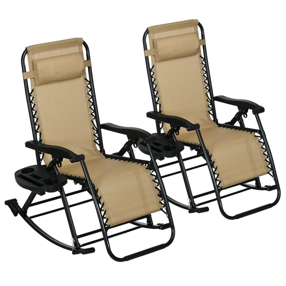 Dranite 2-Piece Zero Gravity Outdoor Rocking Recliners - Pillow & Holder, Beige