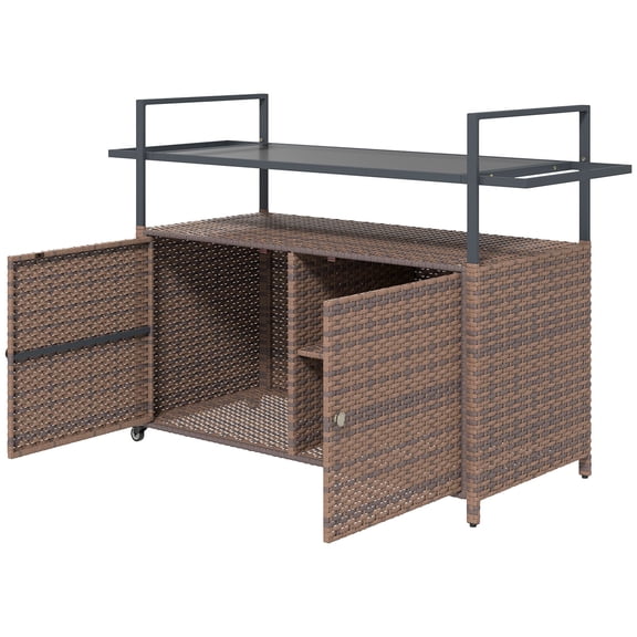 Dranite 2-Tier Shelf PE Rattan Outdoor Bar Table, Glass Top Outdoor Serving Cart with Cabinet, Mixed Brown