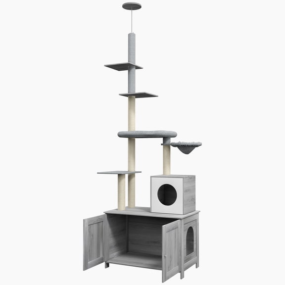 Dranite 2-in-1 Floor to Ceiling Cat Tree with Hidden Litter Box Enclosure Condo Hammock Scratching Post Gray