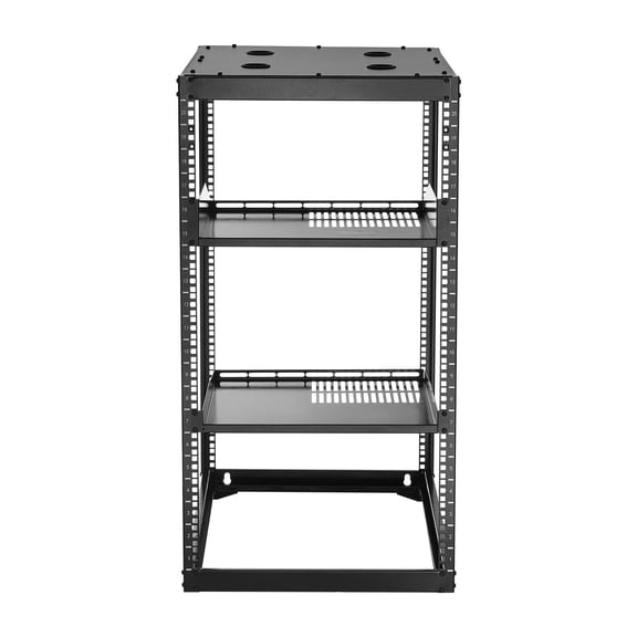 Dranite 20U 4-Post Open Frame Server Rack, 23" Depth, Wall Mount & Floor Standing Network Rack with Vented Shelves & Hardware, for IT/AV Equipment