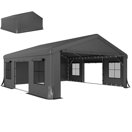 Dranite 20x20 Carport, Portable Garage Car Canopy Tent with 3 Roll-Up Doors and 4 Windows