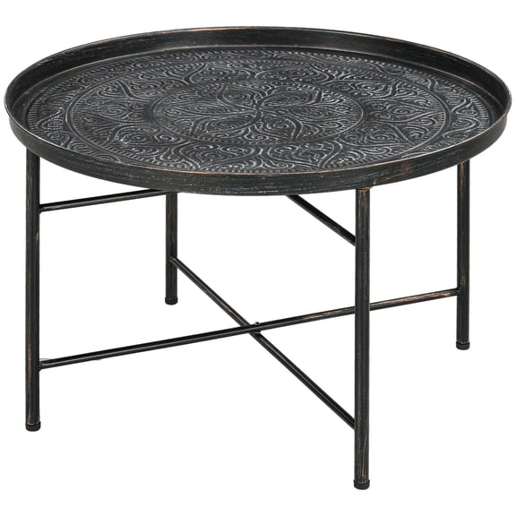 Dranite 24" Round Living Room Cafe Table, Hammered Tray Top & Metal Frame for Bedroom, Pewter Finish