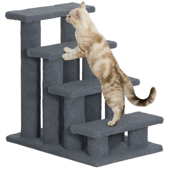 Dranite 25 Inch Gray 4-Step Carpeted Pet Stairs, Cat Furniture with Scratching Post and Hanging Play Toy