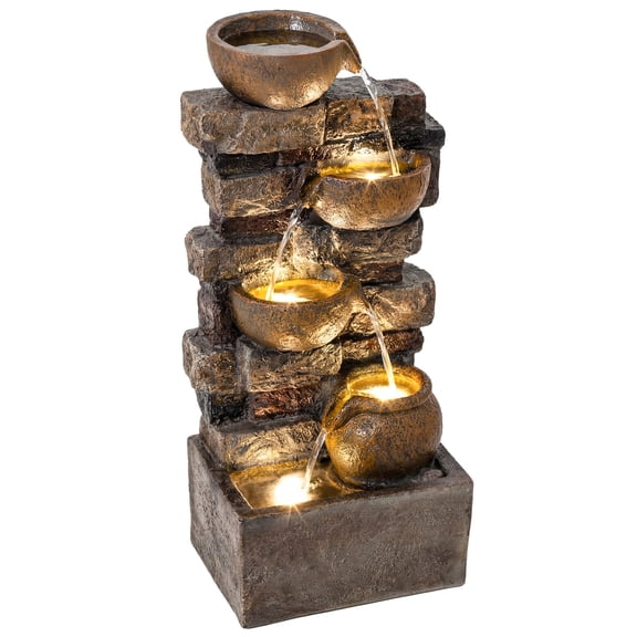 Dranite 28" Outdoor Fountain 5-Tier Rustic Jugs Cascading Waterfall with LED Lights