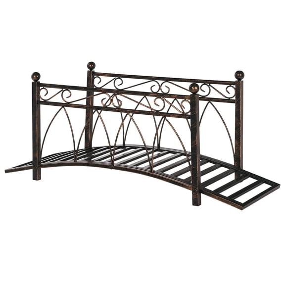 Dranite 3.3ft Metal Arch Zen Bridge, Safety Rails, Scroll Sphere, Bronze