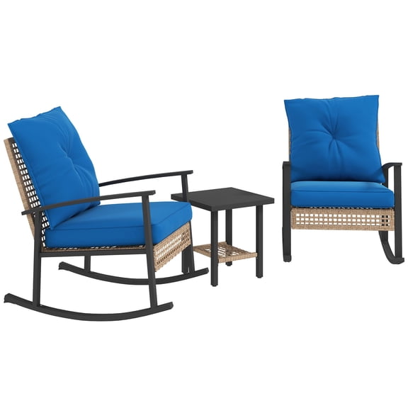 Dranite 3-Pc Wicker Bistro Set, Tufted Cushions, Rattan Rockers, Table, Blue