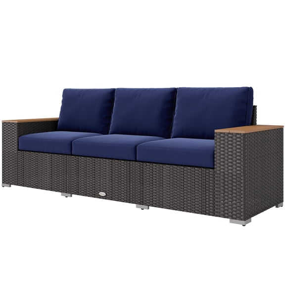 Dranite 3-Seat PE Rattan Wicker Sofa, Wide Armrests, Cushions, Navy Blue