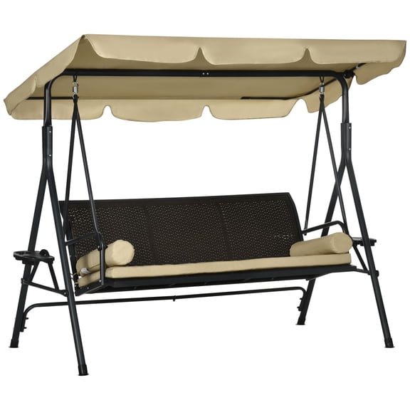 Dranite 3-Seat Porch Swing, Adjustable Canopy, Removable Cushion, Rattan, Khaki