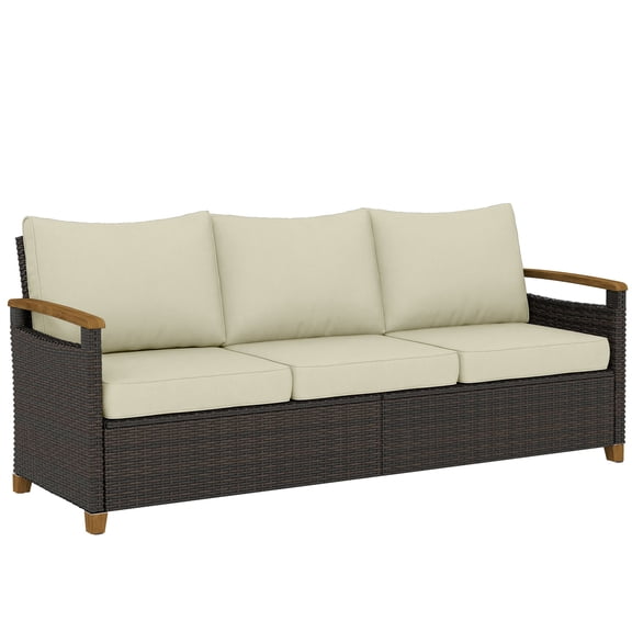 Dranite 3-Seater PE Wicker Outdoor Patio Sofa, Wide Deep Seat, 4" Cushions, Wood-Effect Arms & Legs