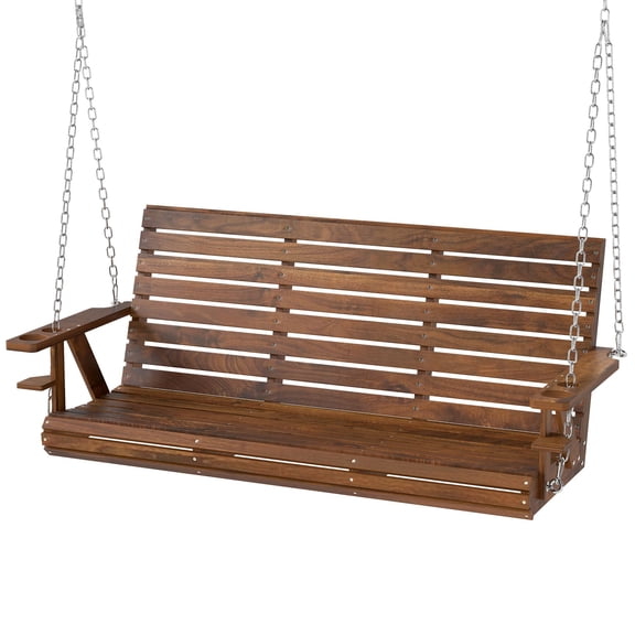 Dranite 3-Seater Wooden Swing Bench, Cupholders, Chains, Carbonized