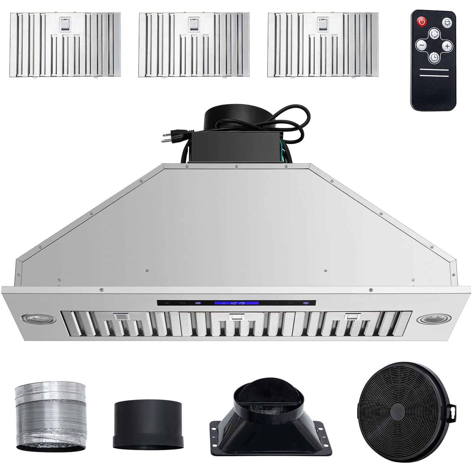 Dranite 36" 900 CFM 4-Speed Convertible Range Hood, Stainless Steel, Touch & Remote Control, LED Lights, Baffle Filters, Ducted/Ductless, ETL Listed