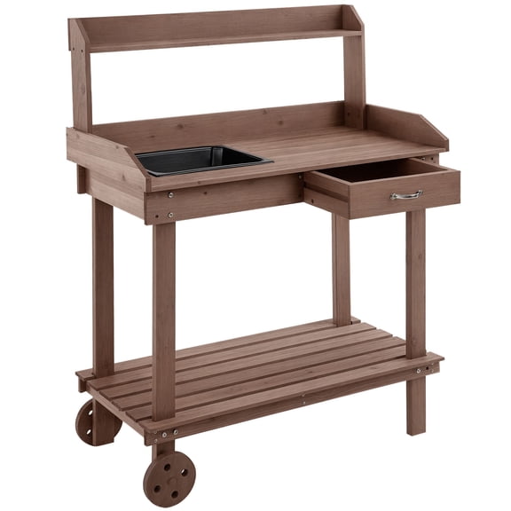 Dranite 36" Wooden Garden Potting Work Table with 2 Removable Wheels, Removable Sink, Drawer & Large Storage Cabinet, Brown