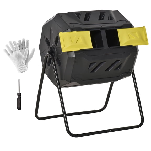 Dranite 360 Compost Tumbler, Dual Chamber, 43 Gal, Yellow/Black