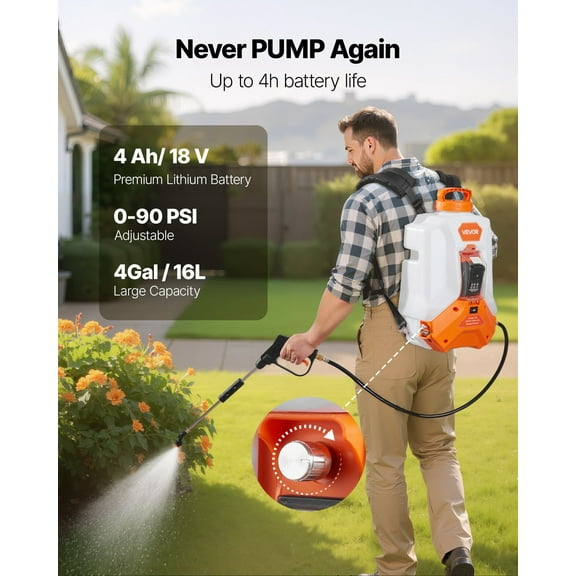 Dranite 4 Gallon Cordless Backpack Sprayer, 0-90 PSI Adjustable, 4H Continuous Use for Lawn Care