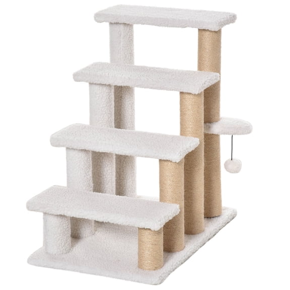 Dranite 4 Level Carpeted Pet Stairs Cat Climber Scratching Post Hanging Toy Ball for Bed Sofa White