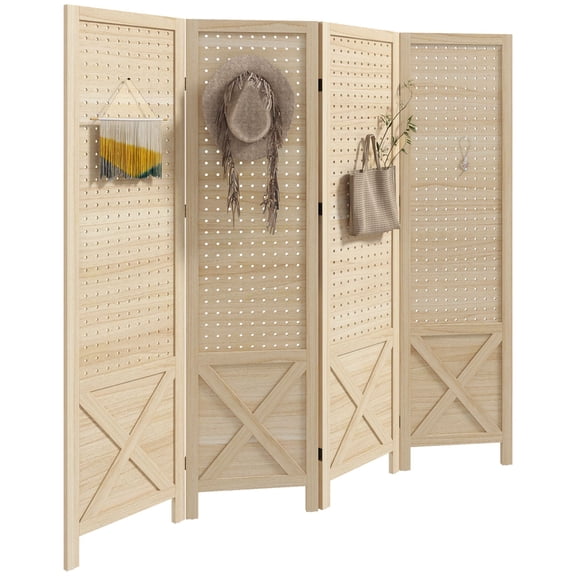 Dranite 4-Panel Folding Wooden Room Divider, 4.7 ft Tall Pegboard Display Screen