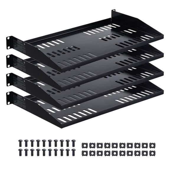 Dranite 4-Piece 1U Server Shelf Set, 50lb Capacity, Wall/Rack Mount Vented Tray, 10" Deep.