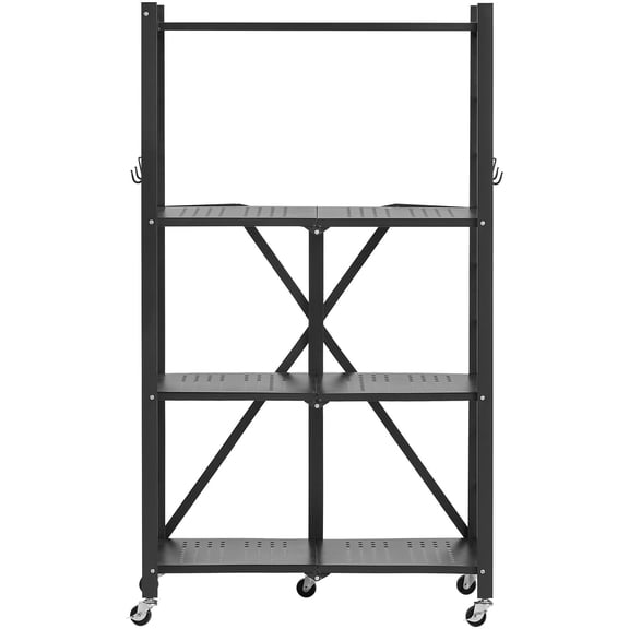 Dranite 4-Tier Folding Shelving Unit, 26W x 13D x 46H Inch No-Assembly Rack with 5 Wheels